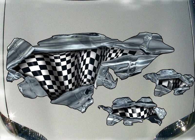checkered flag tears vinyl graphics on car hood